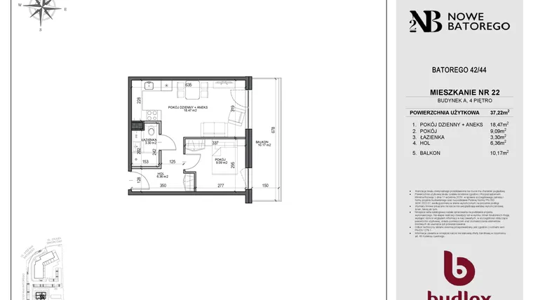 Rzut - Mieszkanie na sprzedaż 2 pokoje o powierzchni 37,22 m² - numer A22 w Nowe Batorego 2