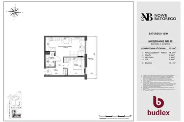 Rzut - Mieszkanie na sprzedaż 2 pokoje o powierzchni 37,22 m² - numer A12 w Nowe Batorego 2