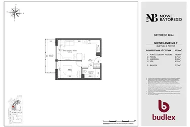 Rzut - Mieszkanie na sprzedaż 2 pokoje o powierzchni 37,2 m² - numer B2 w Nowe Batorego 2