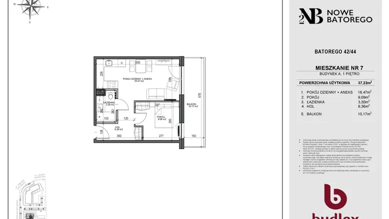 Rzut - Mieszkanie na sprzedaż 2 pokoje o powierzchni 37,22 m² - numer A7 w Nowe Batorego 2