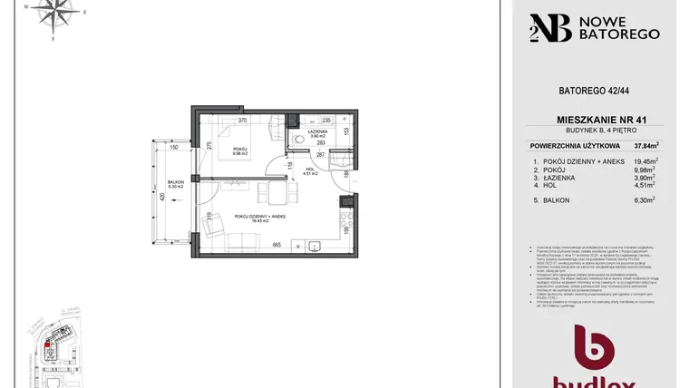Rzut - Mieszkanie na sprzedaż 2 pokoje o powierzchni 37,84 m² - numer B41 w Nowe Batorego 2