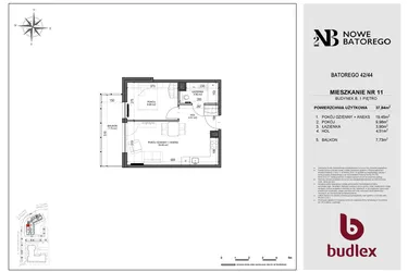 Rzut - Mieszkanie na sprzedaż 2 pokoje o powierzchni 37,84 m² - numer B11 w Nowe Batorego 2