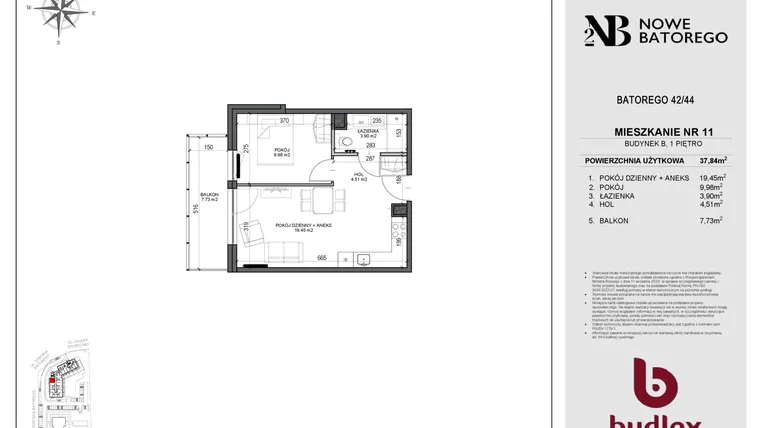 Rzut - Mieszkanie na sprzedaż 2 pokoje o powierzchni 37,84 m² - numer B11 w Nowe Batorego 2