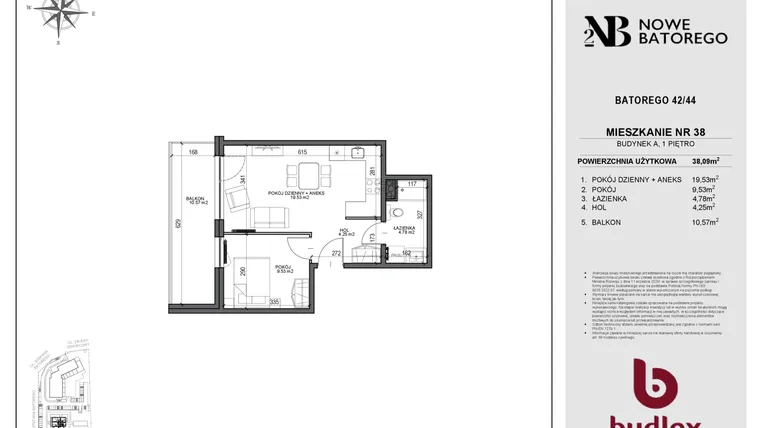 Rzut - Mieszkanie na sprzedaż 2 pokoje o powierzchni 38,09 m² - numer A38 w Nowe Batorego 2
