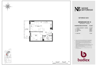 Rzut - Mieszkanie na sprzedaż 2 pokoje o powierzchni 37,94 m² - numer B12 w Nowe Batorego 2