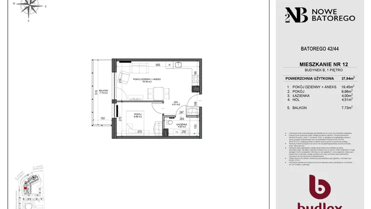 Rzut - Mieszkanie na sprzedaż 2 pokoje o powierzchni 37,94 m² - numer B12 w Nowe Batorego 2