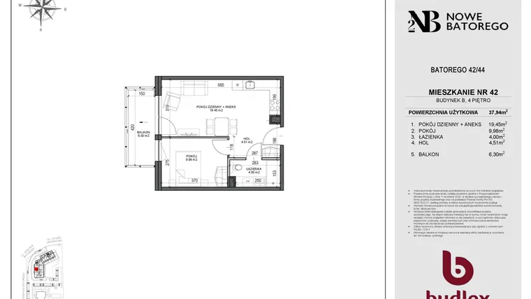 Rzut - Mieszkanie na sprzedaż 2 pokoje o powierzchni 37,94 m² - numer B42 w Nowe Batorego 2