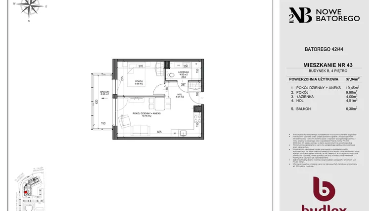Rzut - Mieszkanie na sprzedaż 2 pokoje o powierzchni 37,94 m² - numer B43 w Nowe Batorego 2