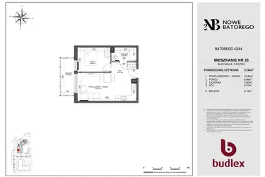 Rzut - Mieszkanie na sprzedaż 2 pokoje o powierzchni 37,94 m² - numer B23 w Nowe Batorego 2