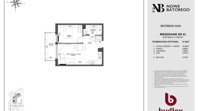 Rzut - Mieszkanie na sprzedaż 2 pokoje o powierzchni 37,94 m² - numer B23 w Nowe Batorego 2