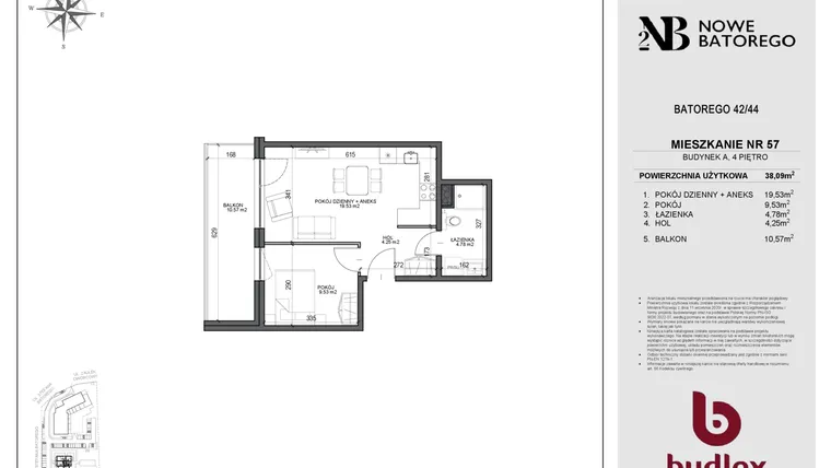 Rzut - Mieszkanie na sprzedaż 2 pokoje o powierzchni 38,09 m² - numer A57 w Nowe Batorego 2