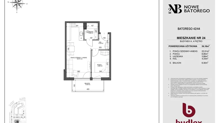 Rzut - Mieszkanie na sprzedaż 2 pokoje o powierzchni 39,15 m² - numer A24 w Nowe Batorego 2