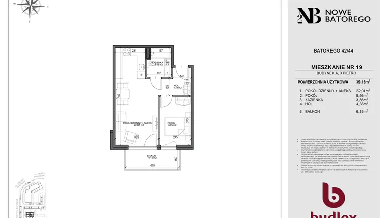 Rzut - Mieszkanie na sprzedaż 2 pokoje o powierzchni 39,15 m² - numer A19 w Nowe Batorego 2