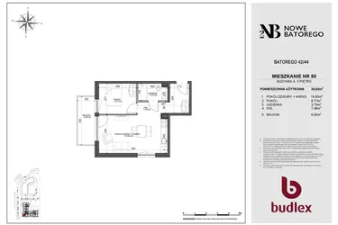 Rzut - Mieszkanie na sprzedaż 2 pokoje o powierzchni 39,82 m² - numer A50 w Nowe Batorego 2