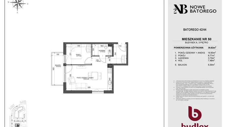 Rzut - Mieszkanie na sprzedaż 2 pokoje o powierzchni 39,82 m² - numer A50 w Nowe Batorego 2