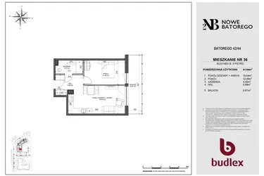 Rzut - Mieszkanie na sprzedaż 2 pokoje o powierzchni 41,94 m² - numer B36 w Nowe Batorego 2