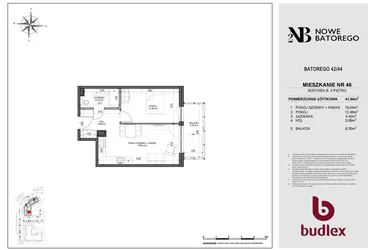 Rzut - Mieszkanie na sprzedaż 2 pokoje o powierzchni 41,94 m² - numer B46 w Nowe Batorego 2