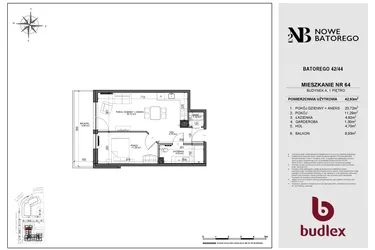 Rzut - Mieszkanie na sprzedaż 2 pokoje o powierzchni 42,93 m² - numer A64 w Nowe Batorego 2