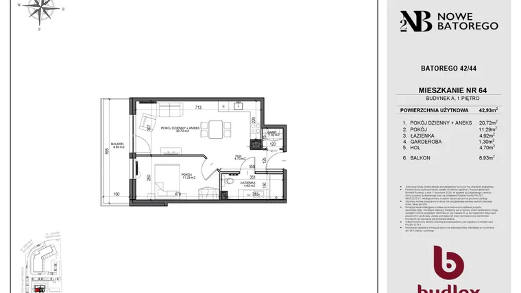 Rzut - Mieszkanie na sprzedaż 2 pokoje o powierzchni 42,93 m² - numer A64 w Nowe Batorego 2