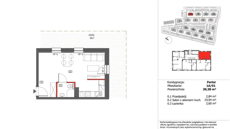 Rzut - Mieszkanie na sprzedaż 1 pokój o powierzchni 30,38 m² - numer 1A/01 w Panorama Ślężańska