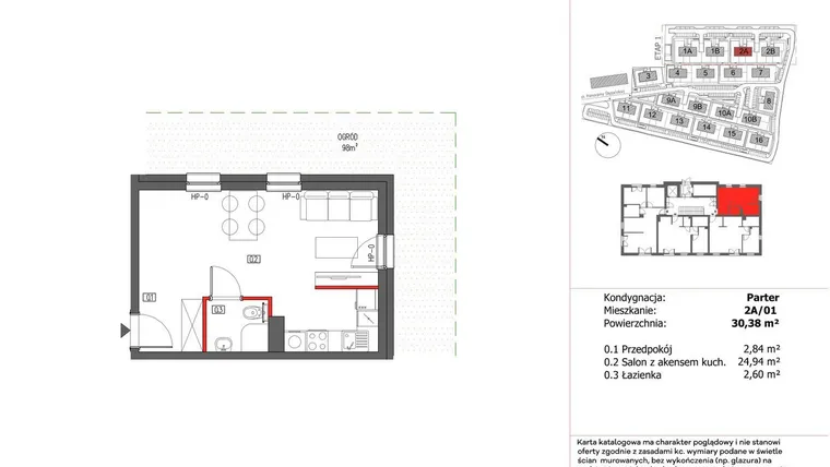 Rzut - Mieszkanie na sprzedaż 1 pokój o powierzchni 30,38 m² - numer 2A/01 w Panorama Ślężańska