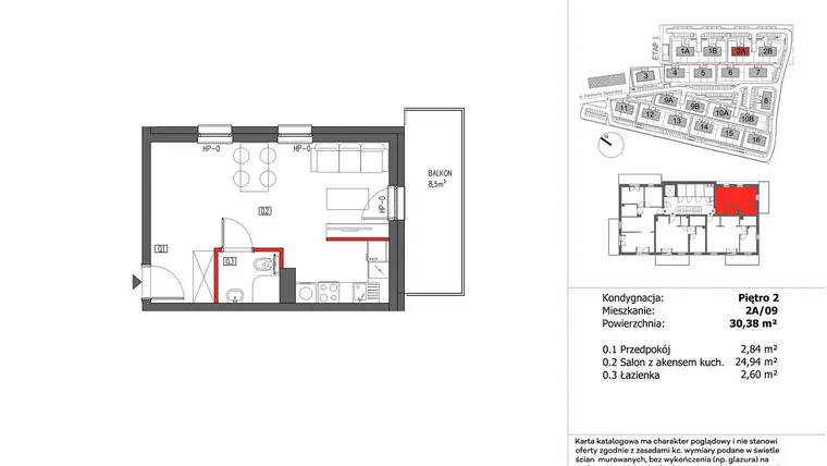 Rzut - Mieszkanie na sprzedaż 1 pokój o powierzchni 30,38 m² - numer 2A/09 w Panorama Ślężańska
