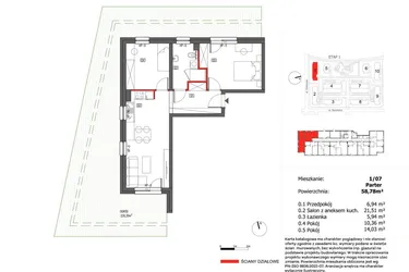 Rzut - Mieszkanie na sprzedaż 3 pokoje o powierzchni 58,58 m² - numer 1/7 w Słoneczny Zakątek