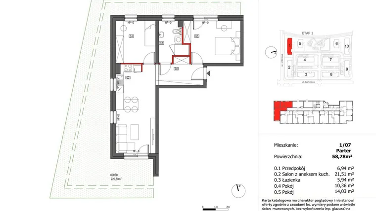 Rzut - Mieszkanie na sprzedaż 3 pokoje o powierzchni 58,58 m² - numer 1/7 w Słoneczny Zakątek