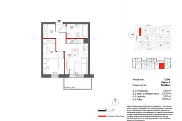 Rzut - Mieszkanie na sprzedaż 2 pokoje o powierzchni 36,48 m² - numer 1/9 w Słoneczny Zakątek
