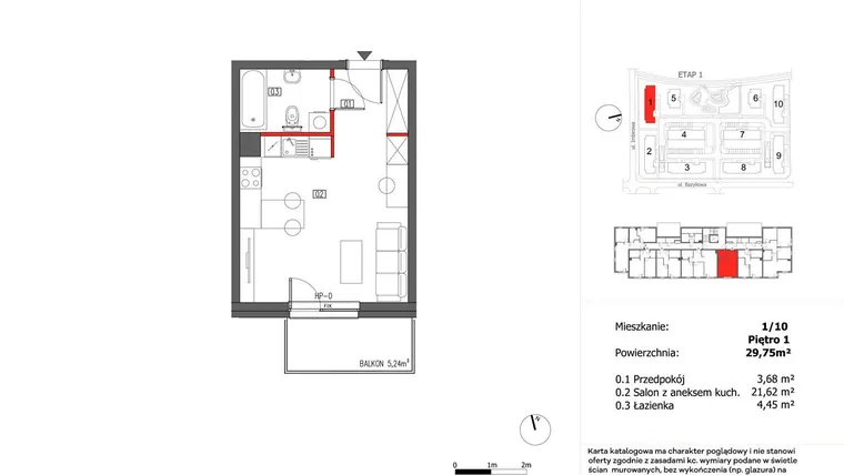 Rzut - Mieszkanie na sprzedaż 1 pokój o powierzchni 29,75 m² - numer 1/10 w Słoneczny Zakątek