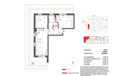 Rzut - Mieszkanie na sprzedaż 3 pokoje o powierzchni 58,78 m² - numer 2/7 w Słoneczny Zakątek