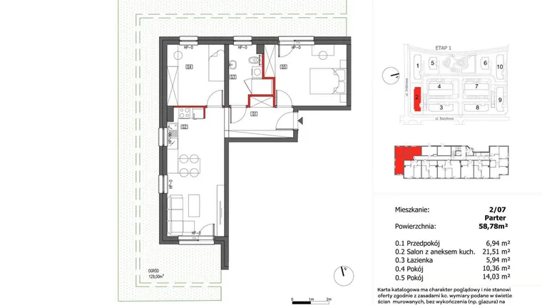 Rzut - Mieszkanie na sprzedaż 3 pokoje o powierzchni 58,78 m² - numer 2/7 w Słoneczny Zakątek