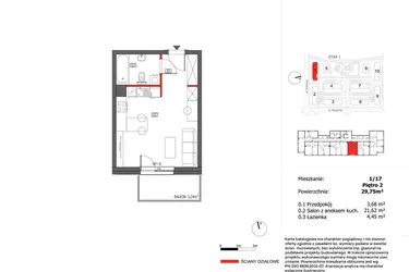 Rzut - Mieszkanie na sprzedaż 1 pokój o powierzchni 29,75 m² - numer 1/17 w Słoneczny Zakątek
