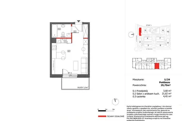 Rzut - Mieszkanie na sprzedaż 1 pokój o powierzchni 29,75 m² - numer 1/24 w Słoneczny Zakątek