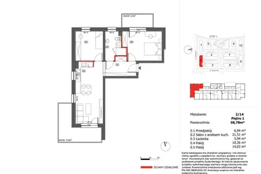 Rzut - Mieszkanie na sprzedaż 3 pokoje o powierzchni 58,78 m² - numer 2/14 w Słoneczny Zakątek