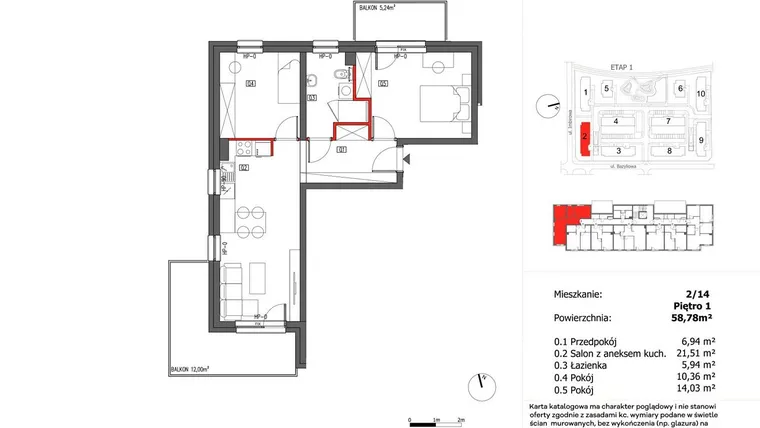 Rzut - Mieszkanie na sprzedaż 3 pokoje o powierzchni 58,78 m² - numer 2/14 w Słoneczny Zakątek