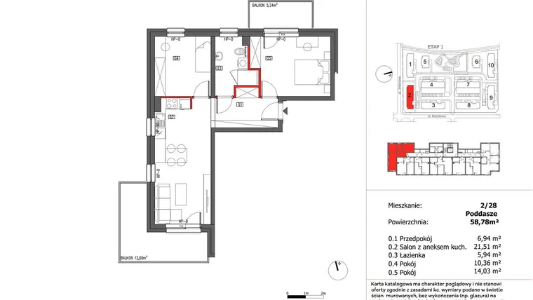 Rzut - Mieszkanie na sprzedaż 3 pokoje o powierzchni 58,78 m² - numer 2/28 w Słoneczny Zakątek