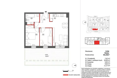 Rzut - Mieszkanie na sprzedaż 3 pokoje o powierzchni 54,23 m² - numer 3/4 w Słoneczny Zakątek