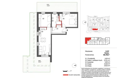 Rzut - Mieszkanie na sprzedaż 3 pokoje o powierzchni 58,78 m² - numer 3/7 w Słoneczny Zakątek