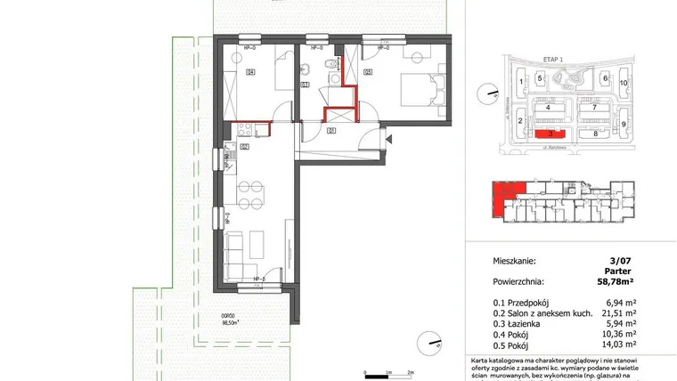 Rzut - Mieszkanie na sprzedaż 3 pokoje o powierzchni 58,78 m² - numer 3/7 w Słoneczny Zakątek