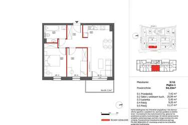 Rzut - Mieszkanie na sprzedaż 3 pokoje o powierzchni 54,23 m² - numer 3/11 w Słoneczny Zakątek