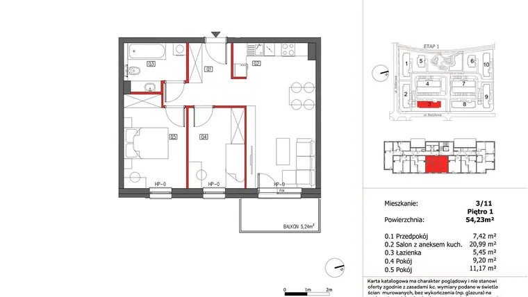 Rzut - Mieszkanie na sprzedaż 3 pokoje o powierzchni 54,23 m² - numer 3/11 w Słoneczny Zakątek