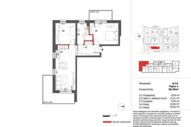 Rzut - Mieszkanie na sprzedaż 3 pokoje o powierzchni 58,78 m² - numer 3/14 w Słoneczny Zakątek