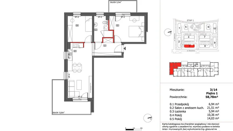 Rzut - Mieszkanie na sprzedaż 3 pokoje o powierzchni 58,78 m² - numer 3/14 w Słoneczny Zakątek