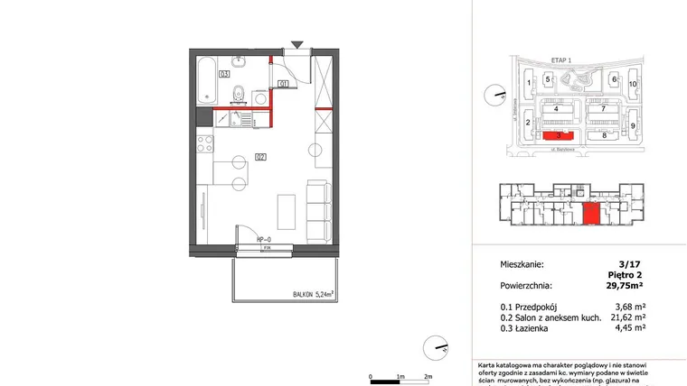 Rzut - Mieszkanie na sprzedaż 1 pokój o powierzchni 29,75 m² - numer 3/17 w Słoneczny Zakątek