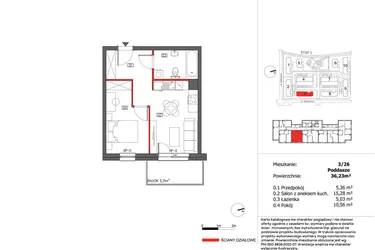 Rzut - Mieszkanie na sprzedaż 2 pokoje o powierzchni 36,23 m² - numer 3/26 w Słoneczny Zakątek