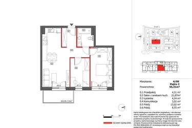 Rzut - Mieszkanie na sprzedaż 3 pokoje o powierzchni 55,31 m² - numer 4/9 w Słoneczny Zakątek