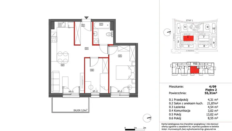 Rzut - Mieszkanie na sprzedaż 3 pokoje o powierzchni 55,31 m² - numer 4/9 w Słoneczny Zakątek