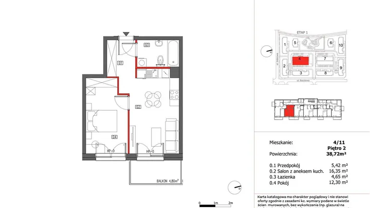 Rzut - Mieszkanie na sprzedaż 2 pokoje o powierzchni 38,72 m² - numer 4/11 w Słoneczny Zakątek