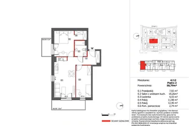 Rzut - Mieszkanie na sprzedaż 3 pokoje o powierzchni 58,79 m² - numer 4/12 w Słoneczny Zakątek